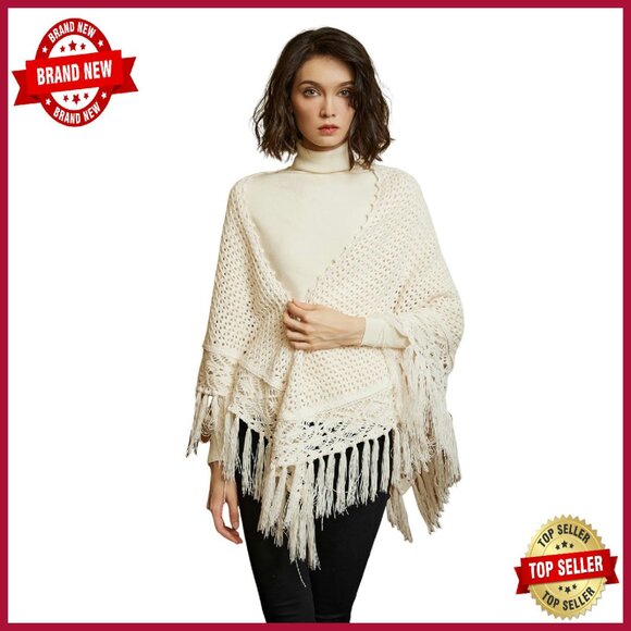 Oversized Wool Blend Shawl with Fringe Tassels, 28
